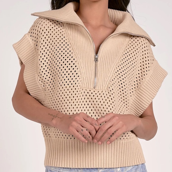 New with tags. Elan open knit crochet collar sweater. Sand - Picture 1 of 3